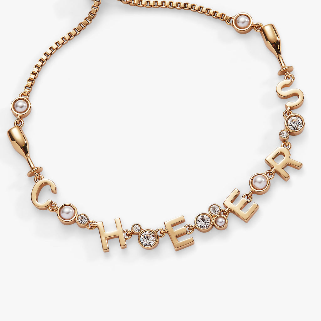 Cheers Champagne Flute Charm Bolo Bracelet with Crystal Accents