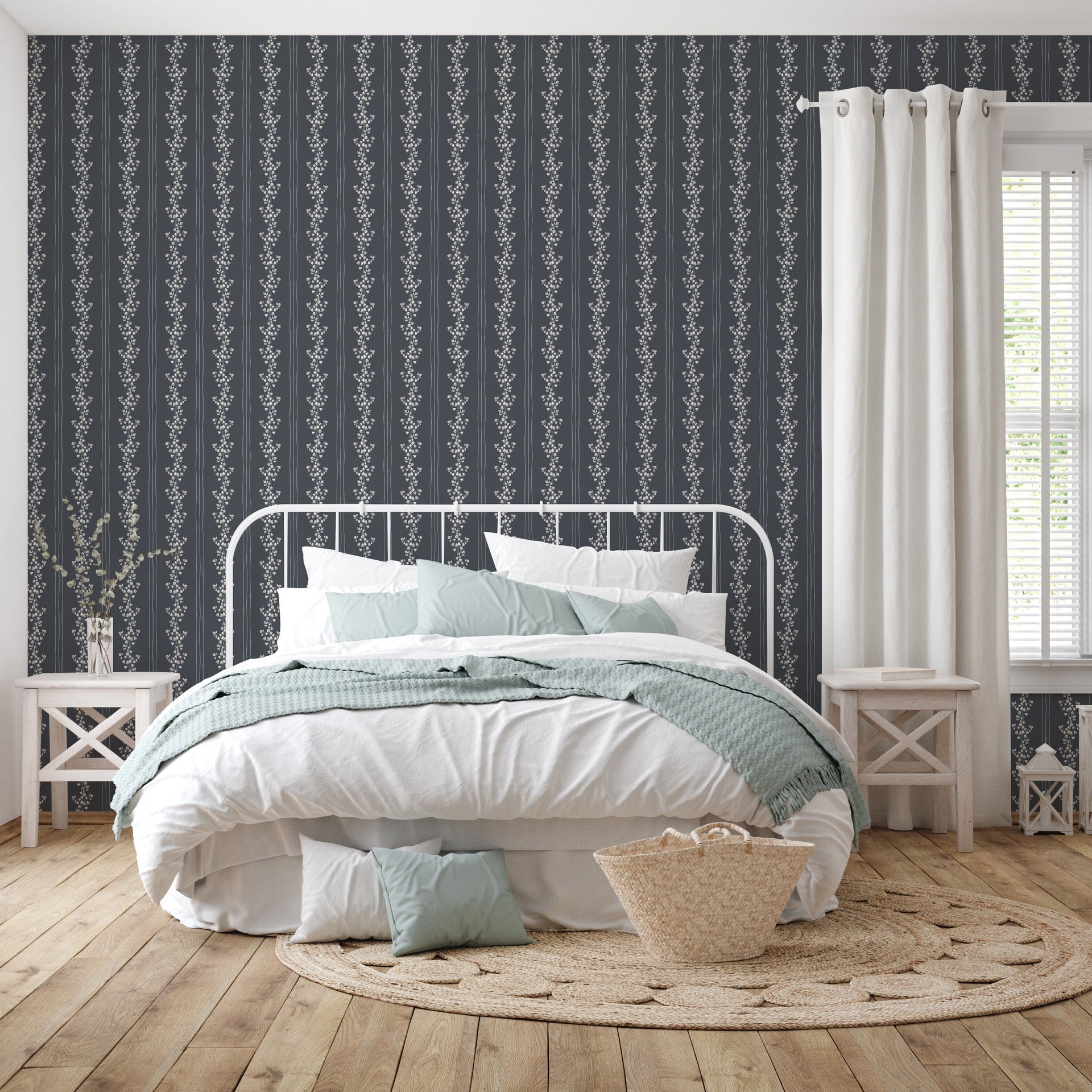 Janie Floral Wallpaper in Blue, White, Charcoal, and Cream