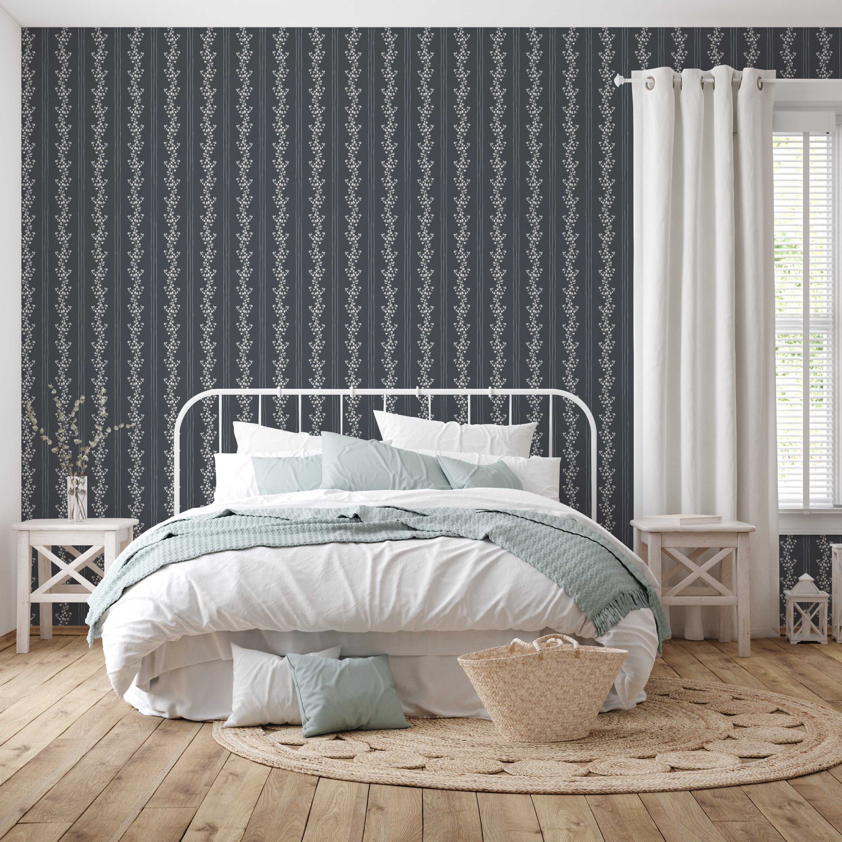 Janie Floral Wallpaper in Blue, White, Charcoal, and Cream