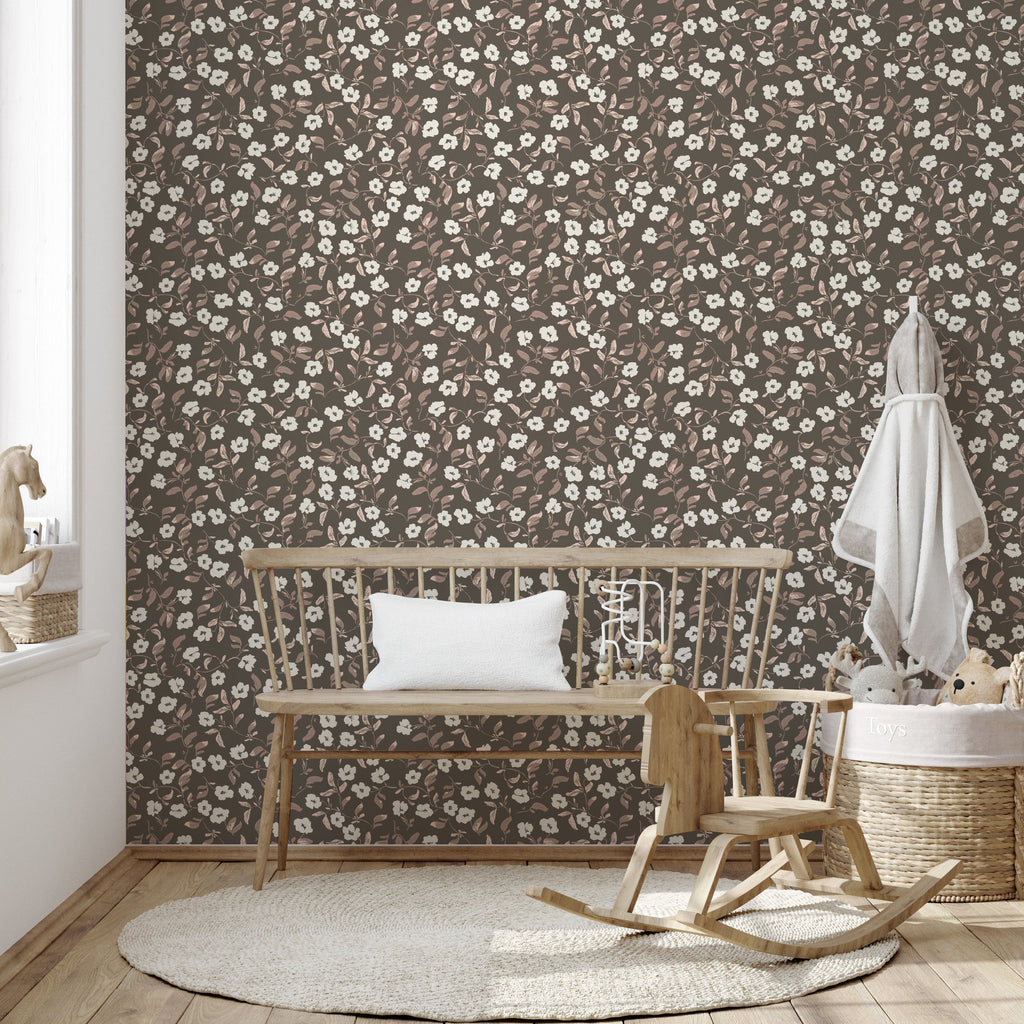 Clancy floral patterned wallpaper with pink, white, and green tones.