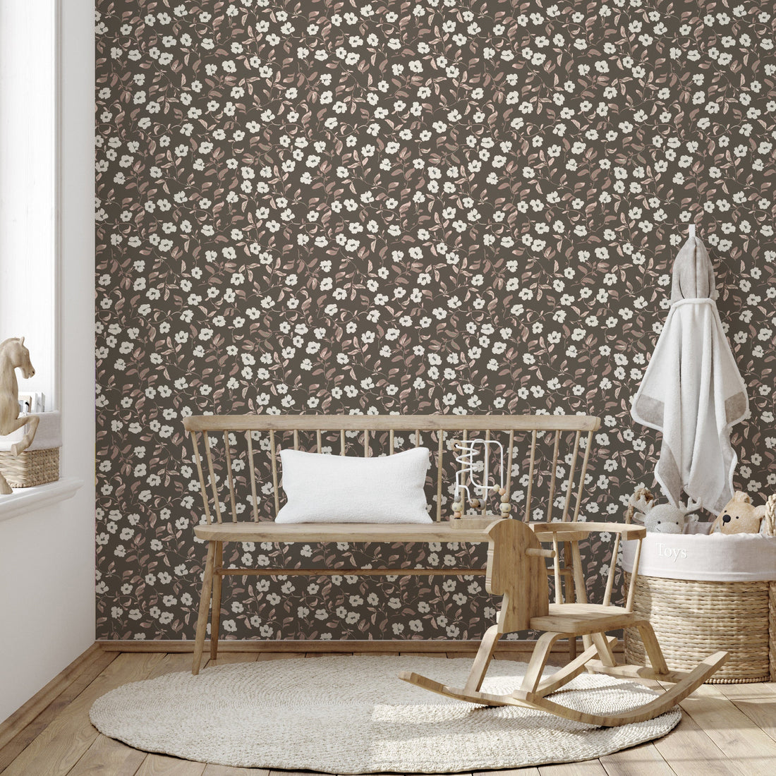 Clancy floral patterned wallpaper with pink, white, and green tones.