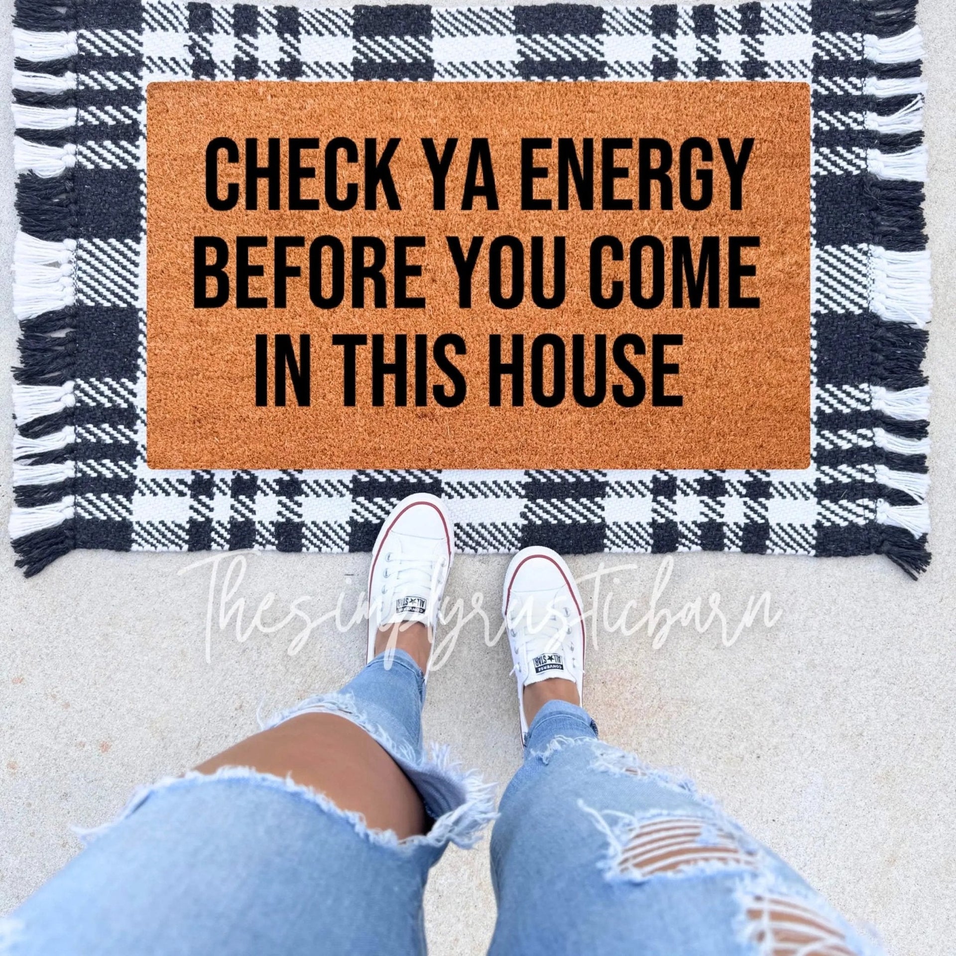 Check Ya Energy Before You Come In This House doormat in brown, black, and white