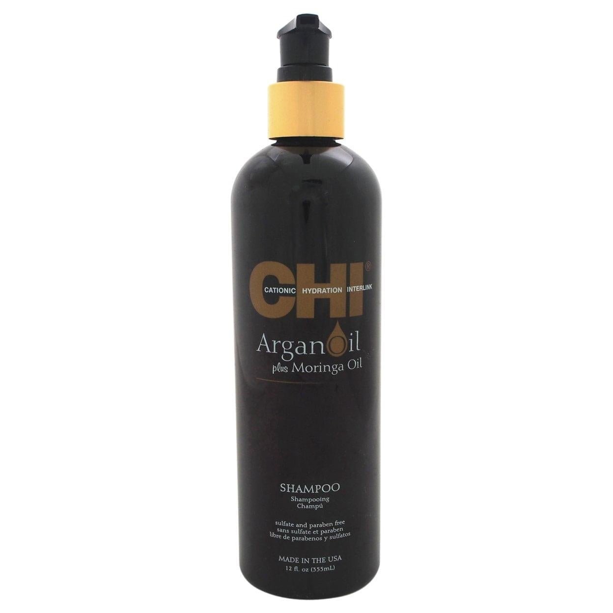 12 oz bottle of CHI Argan Oil Shampoo featuring black and gold branding.