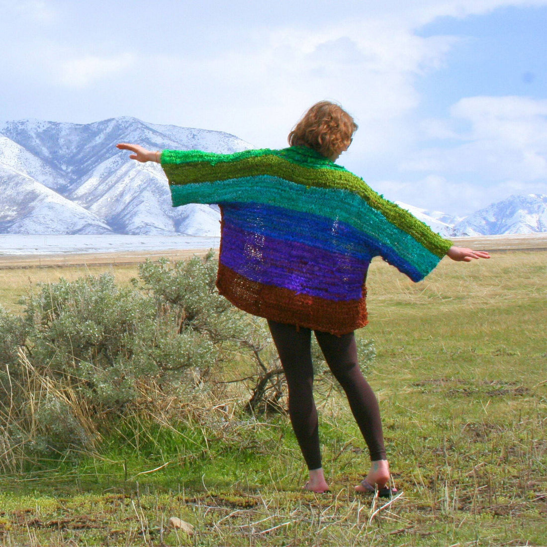 Chi Rainbow Ribbon Kimono Jacket with colorful knit pattern worn as a layering piece