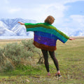 Chi Rainbow Ribbon Kimono Jacket with colorful knit pattern worn as a layering piece