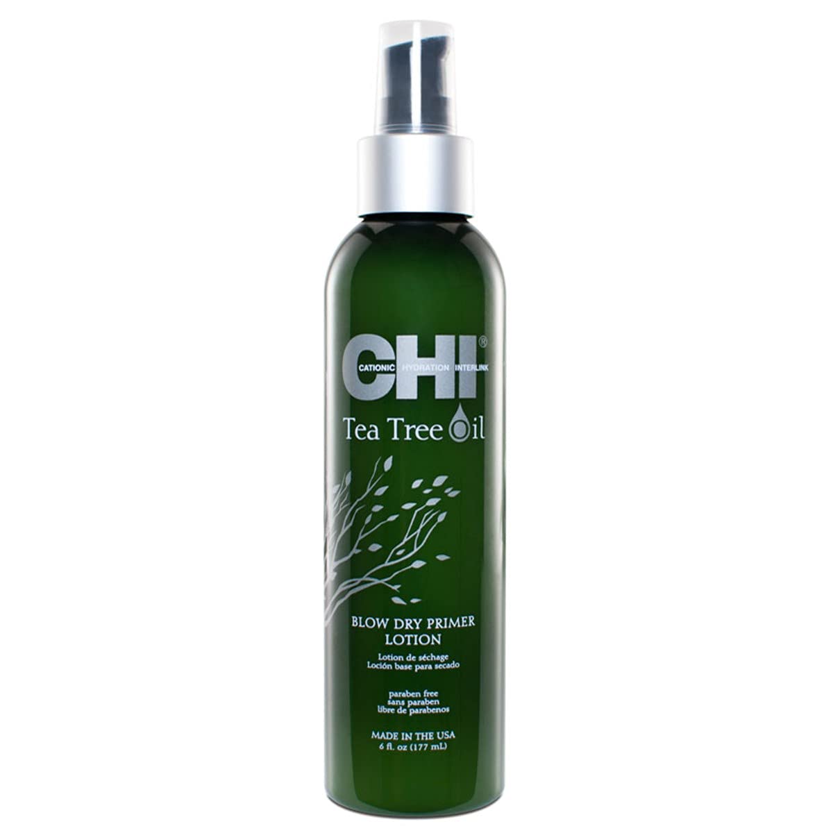 CHI Tea Tree Oil Blow Dry Primer Lotion 6 oz bottle in forest green with white text