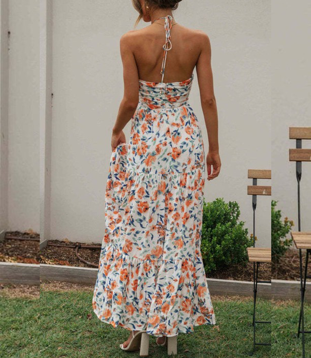 Floral Chiffon V-Neck Maxi Dress in Orange - Sleeveless Bohemian