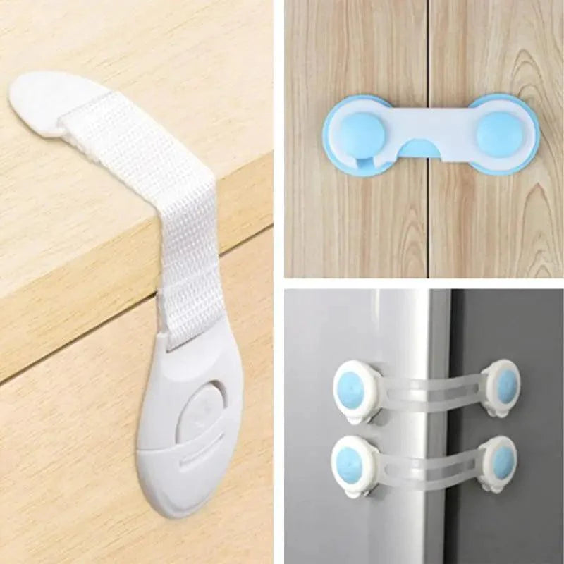 Set of 10 pastel-colored baby-proofing cabinet and drawer locks.