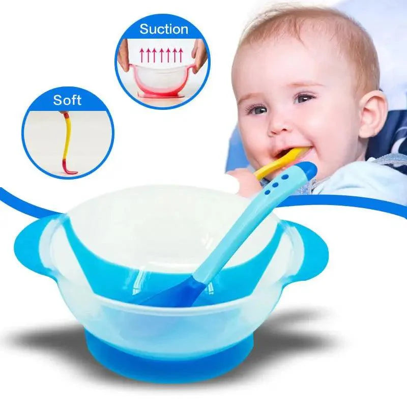 Baby feeding bowl in blue and white with suction base and temperature sensing spoon.