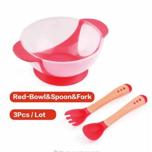 Baby Suction Bowl and Temperature Sensing Spoon Set - Blue/White
