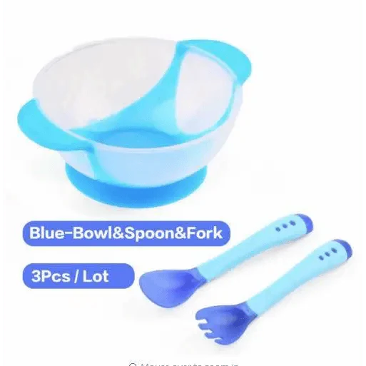 Baby Suction Bowl and Temperature Sensing Spoon Set - Blue/White