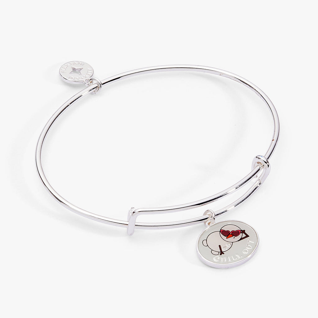 Snowman charm bangle featuring heart-shaped sunglasses and 'Chill Out' engraving.