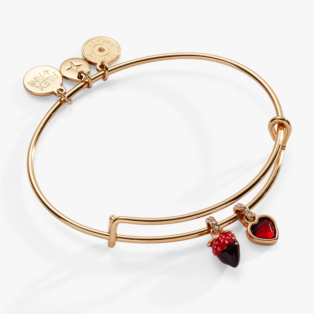 Alex And Ani charm bangle featuring a chocolate-covered strawberry and a crystal-embellished box of chocolates