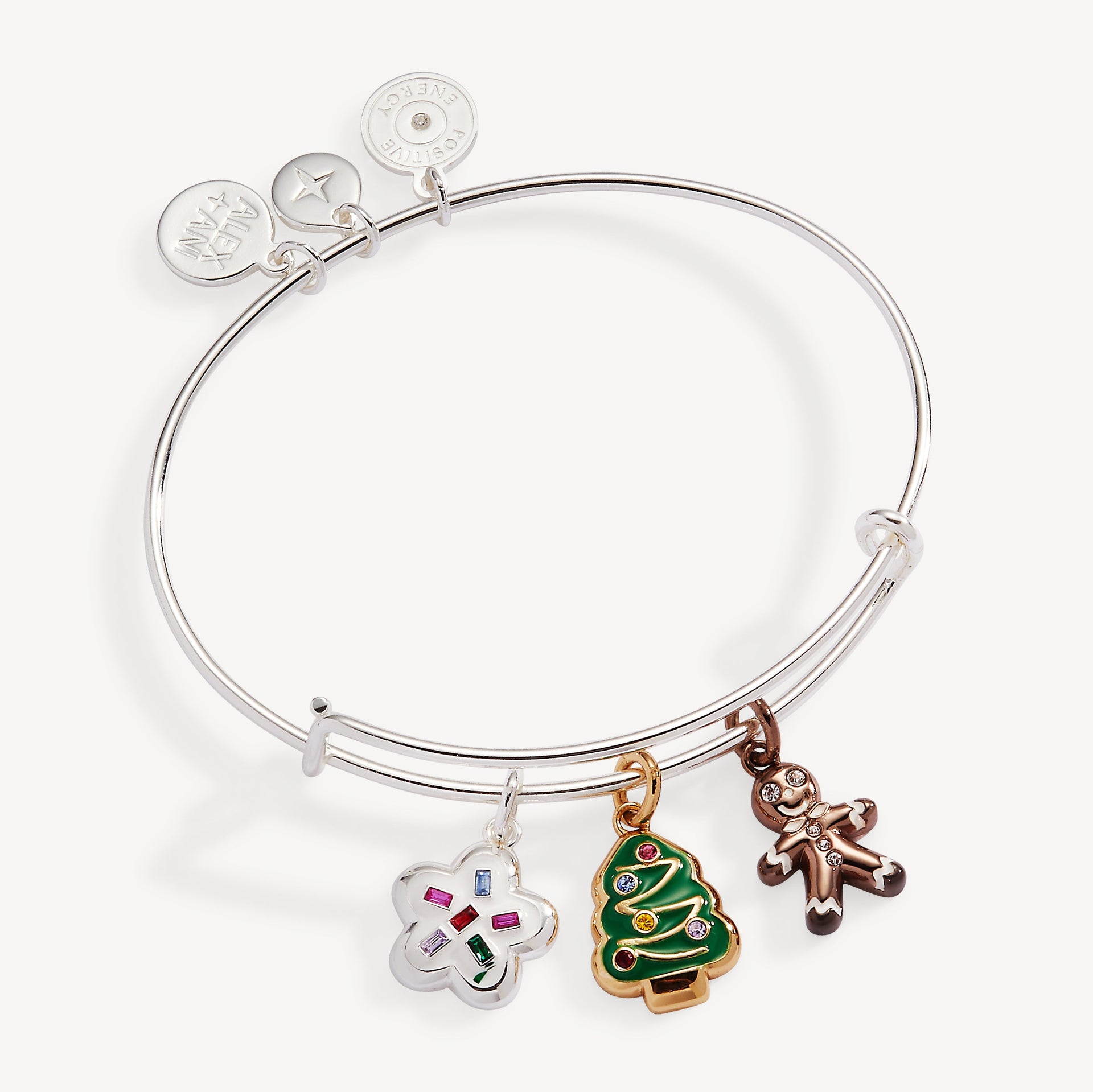 Alex and Ani expandable bangle featuring three Christmas cookie charms with crystals.