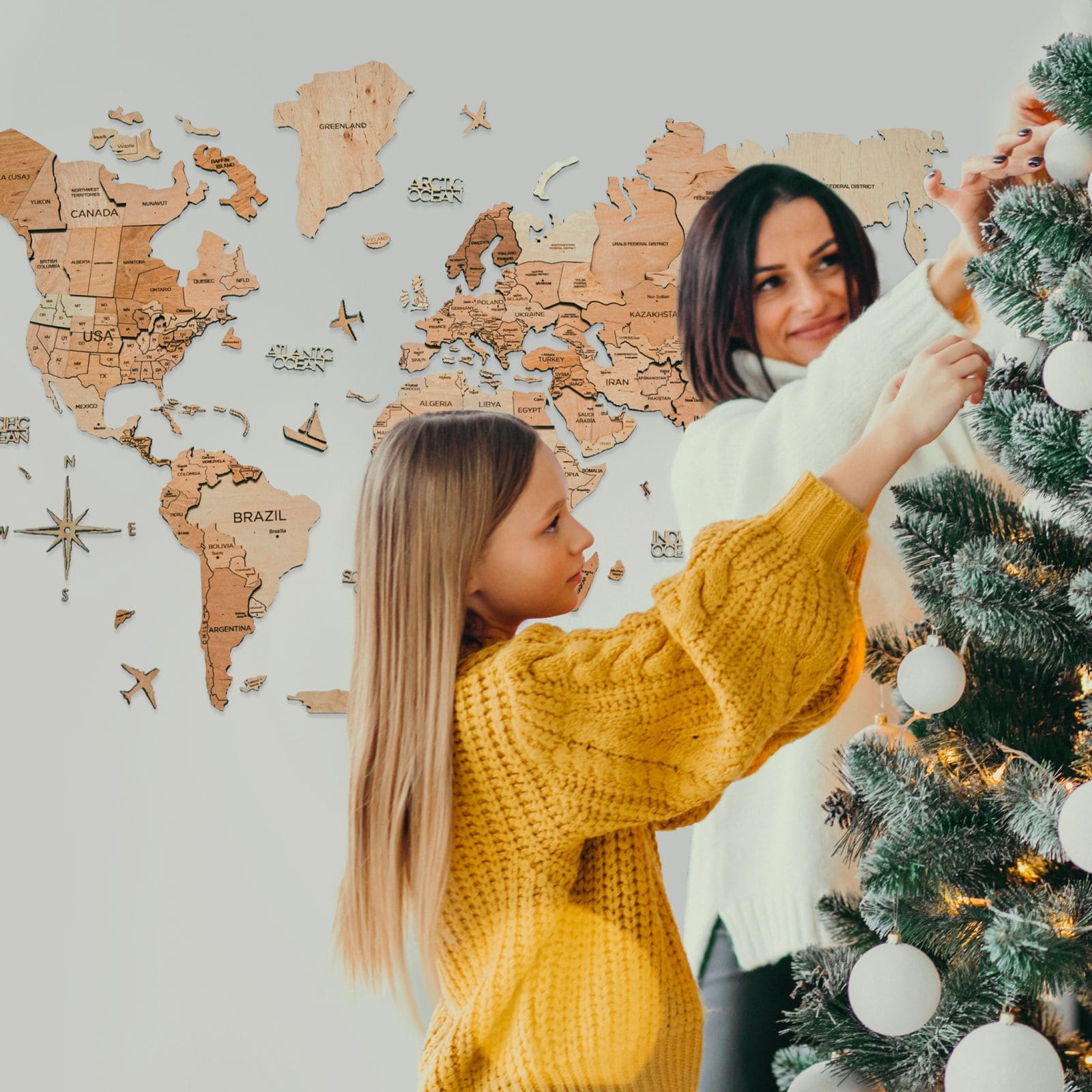 Gold lighted world map wall decor for Christmas