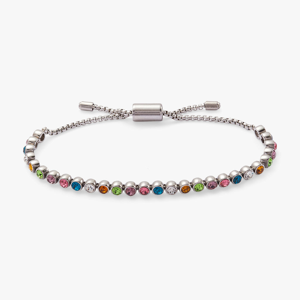Gold-tone tennis bracelet with colorful amethyst, citrine, and topaz crystals and an adjustable bolo slider