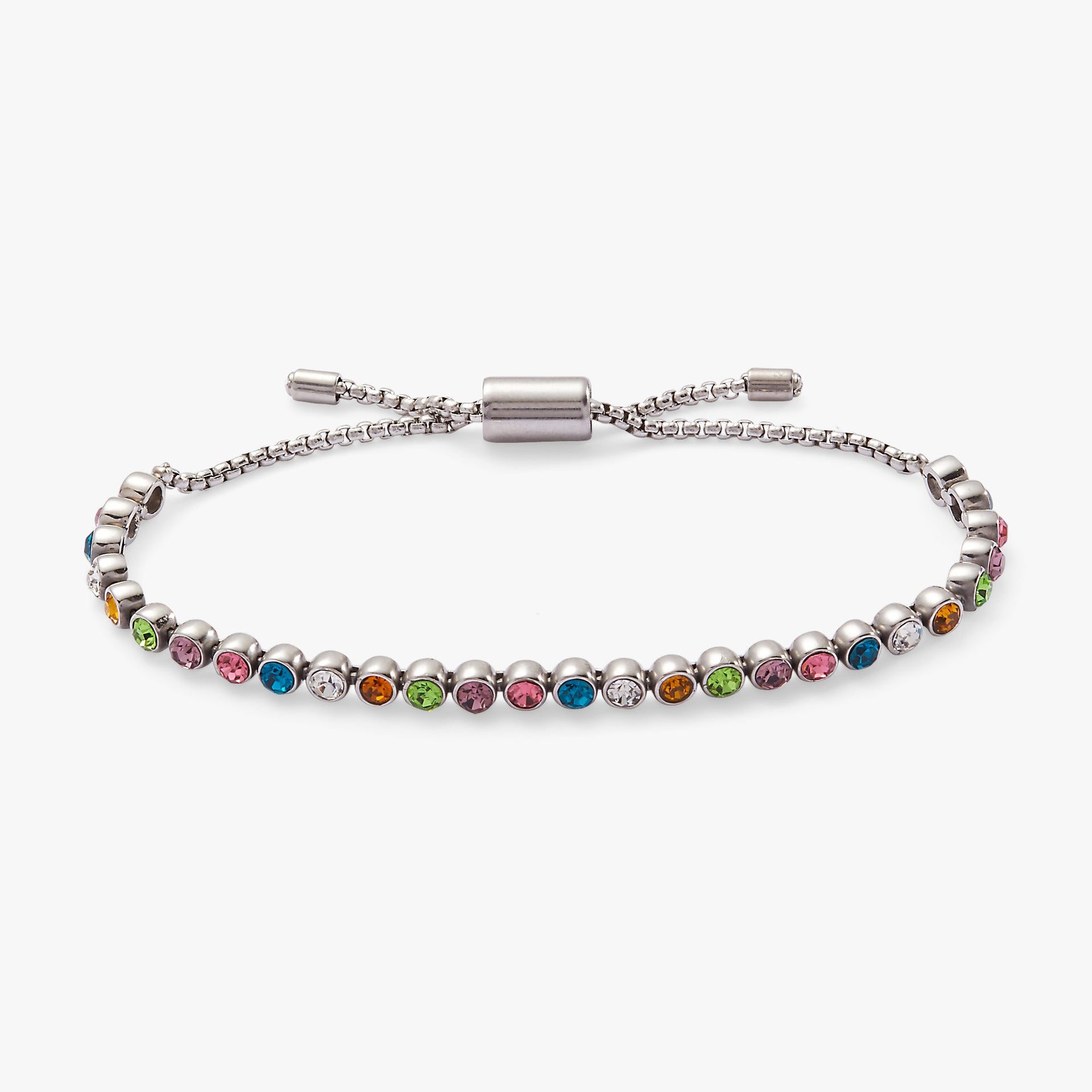 Gold-tone tennis bracelet with colorful amethyst, citrine, and topaz crystals and an adjustable bolo slider