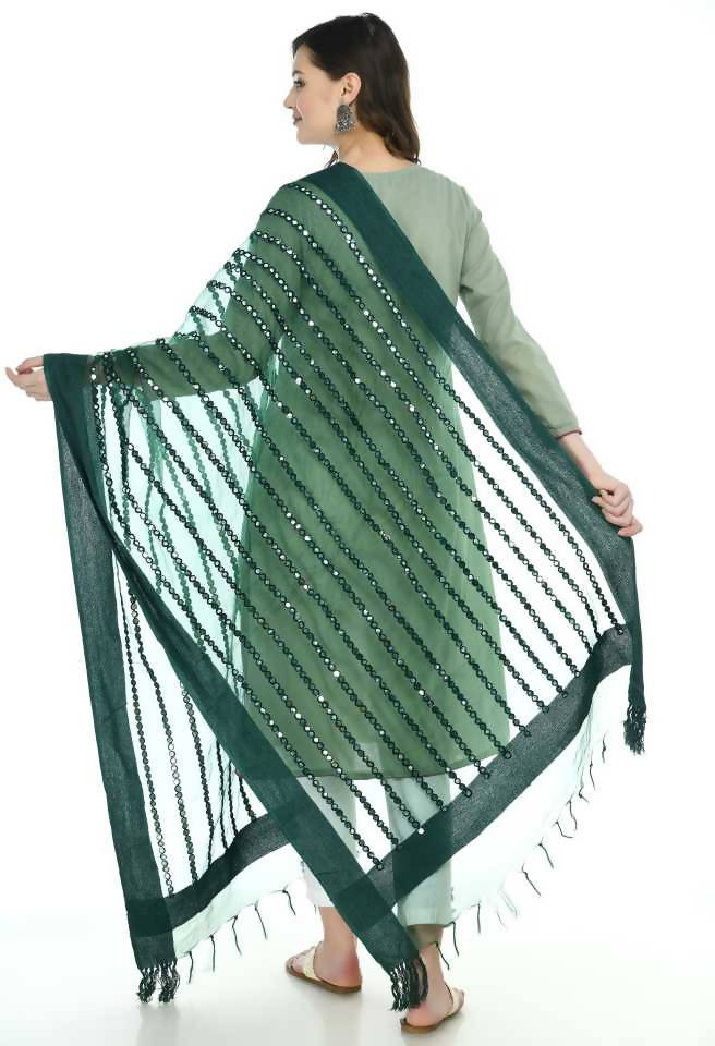 Bottle Green Organza Mirror Stripe Dupatta for Festive Looks
