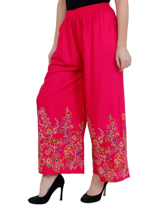 Magenta Floral Print Wide Leg Palazzo Pants - Breathable Rayon