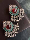 Antique look stud earrings with red and green Monalisa stones and black polish