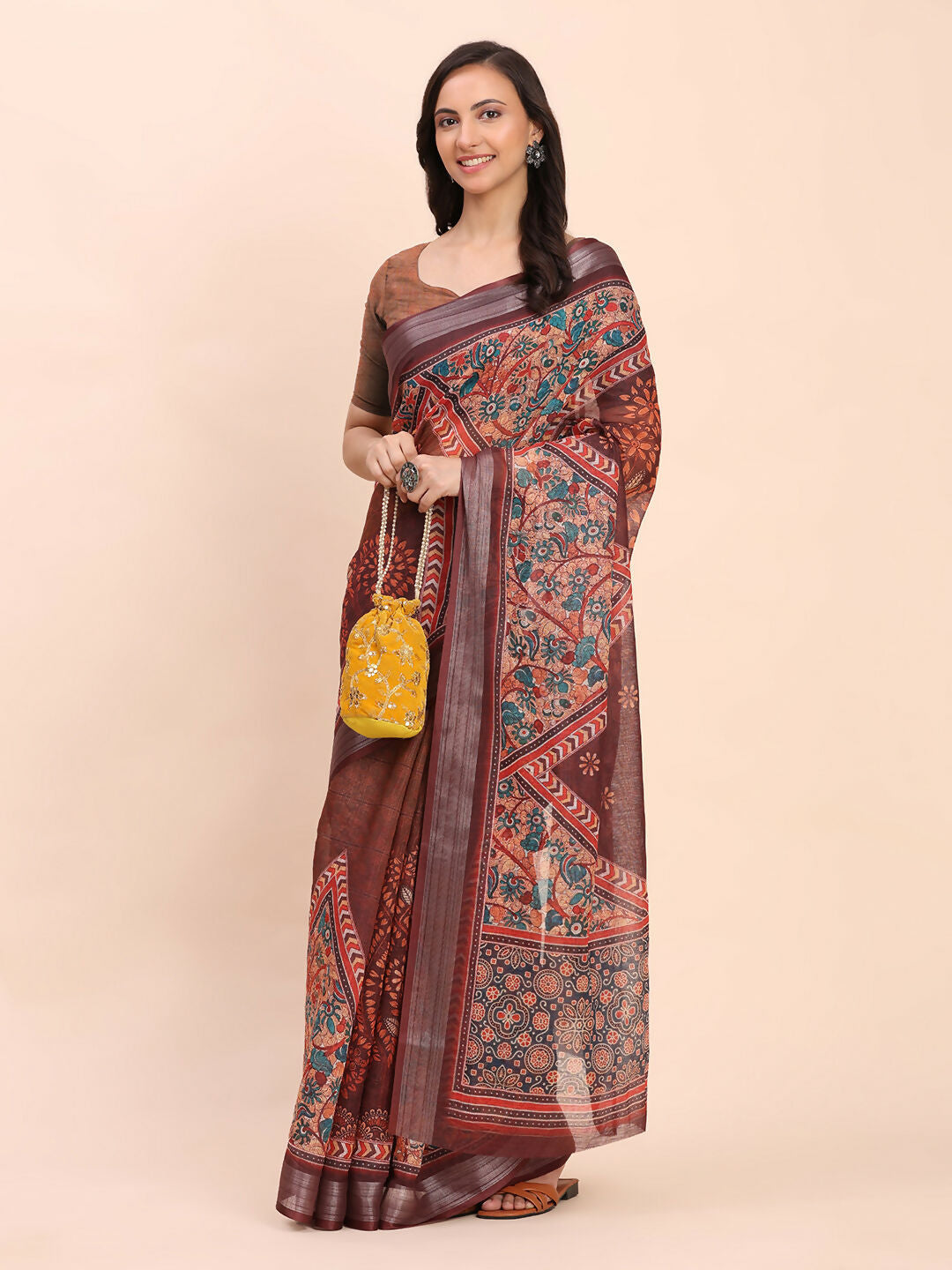 Breathable Brown Linen Cotton Saree with Matching Blouse