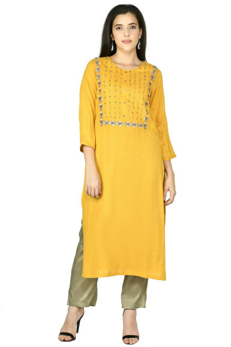 Mustard Cotton Rayon 3-Piece Kurta Set with Dupatta