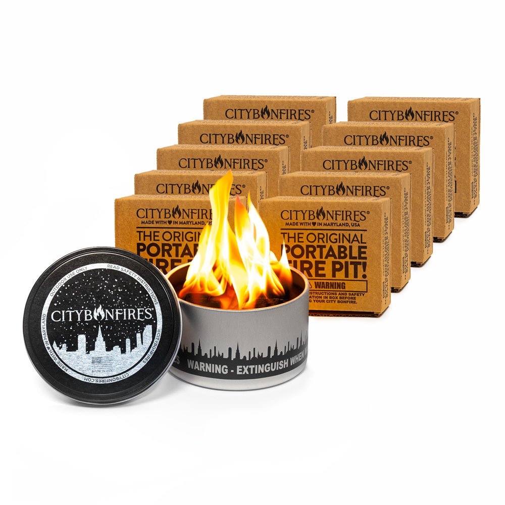 Set of 10 original portable metal fire pits in silver, brown, and black minimalist design.