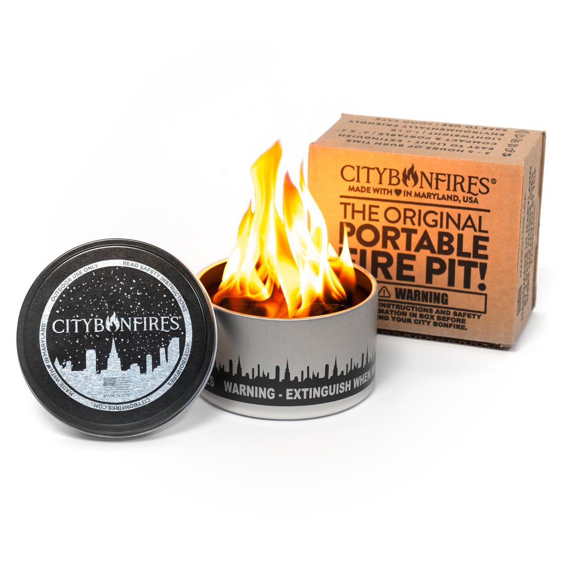 The Original Portable Fire Pit in a sleek black and silver modern design.