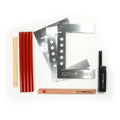 Industrial metal portable camping stove and cooking stand in silver, red, and brown finish.