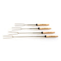 Set of four telescoping metal s'mores roasting sticks with wooden handles and a storage bag for outdoor fire pits.