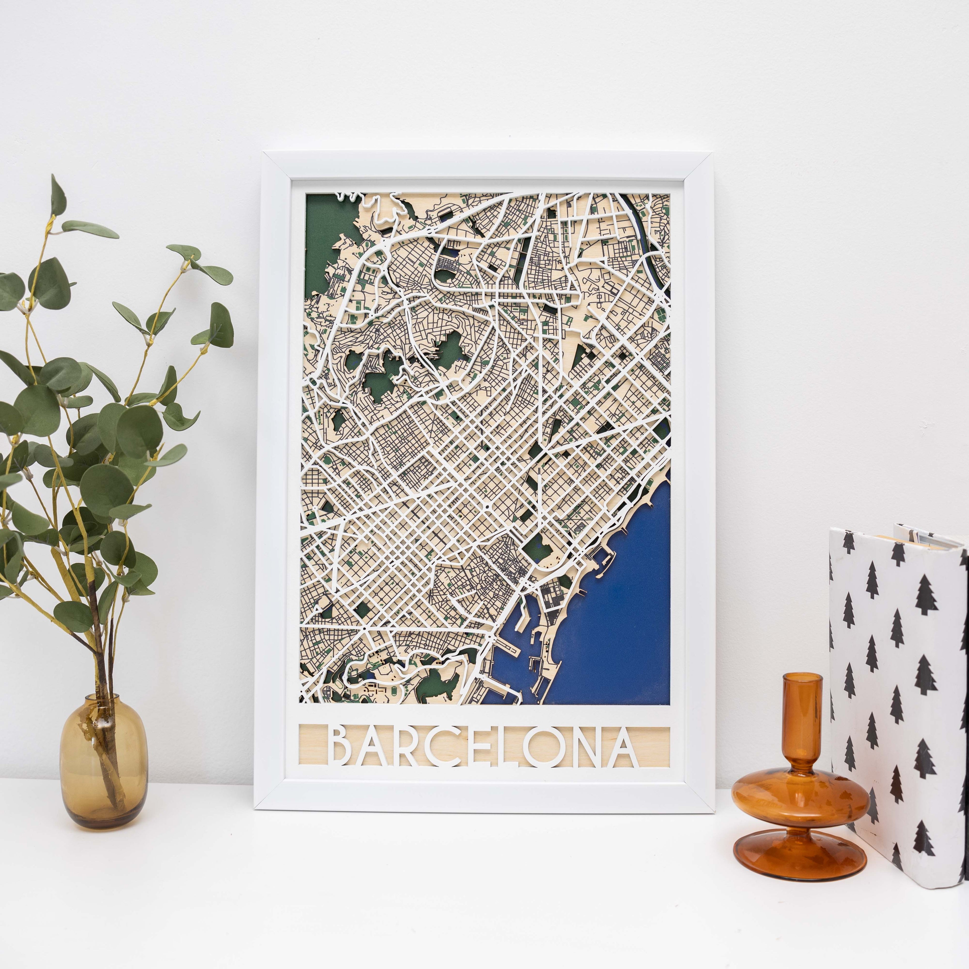 Detailed 3D wood wall art of the Barcelona city map featuring Eixample and the Gothic Quarter