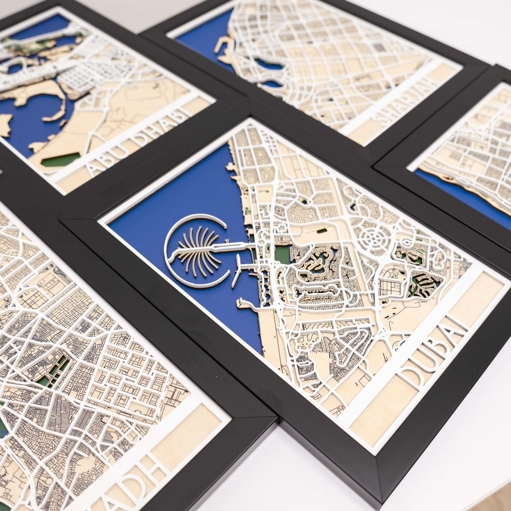 Custom 3D wooden city map wall art showing intricate street layouts and laser-cut depth.