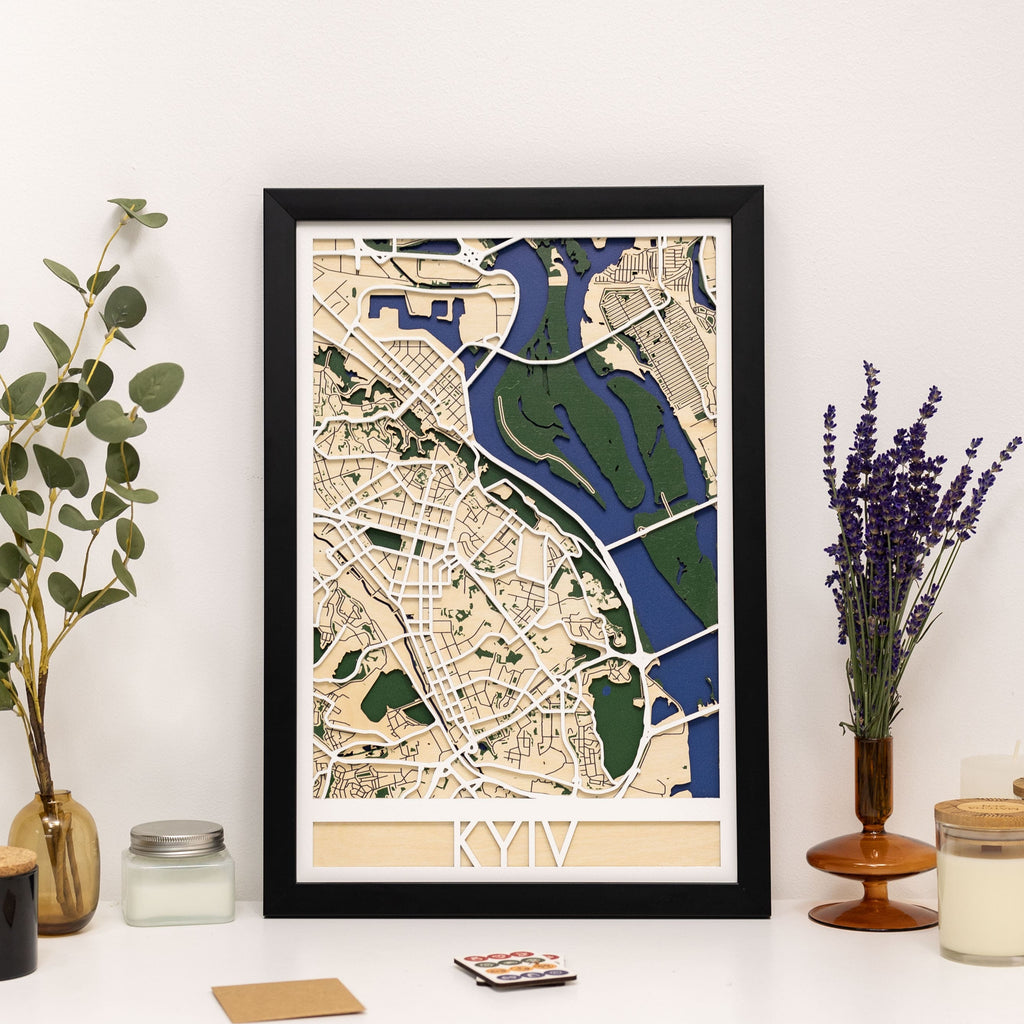 3D City Map Kyiv Wooden Wall Art Modern Geometric Map Decor