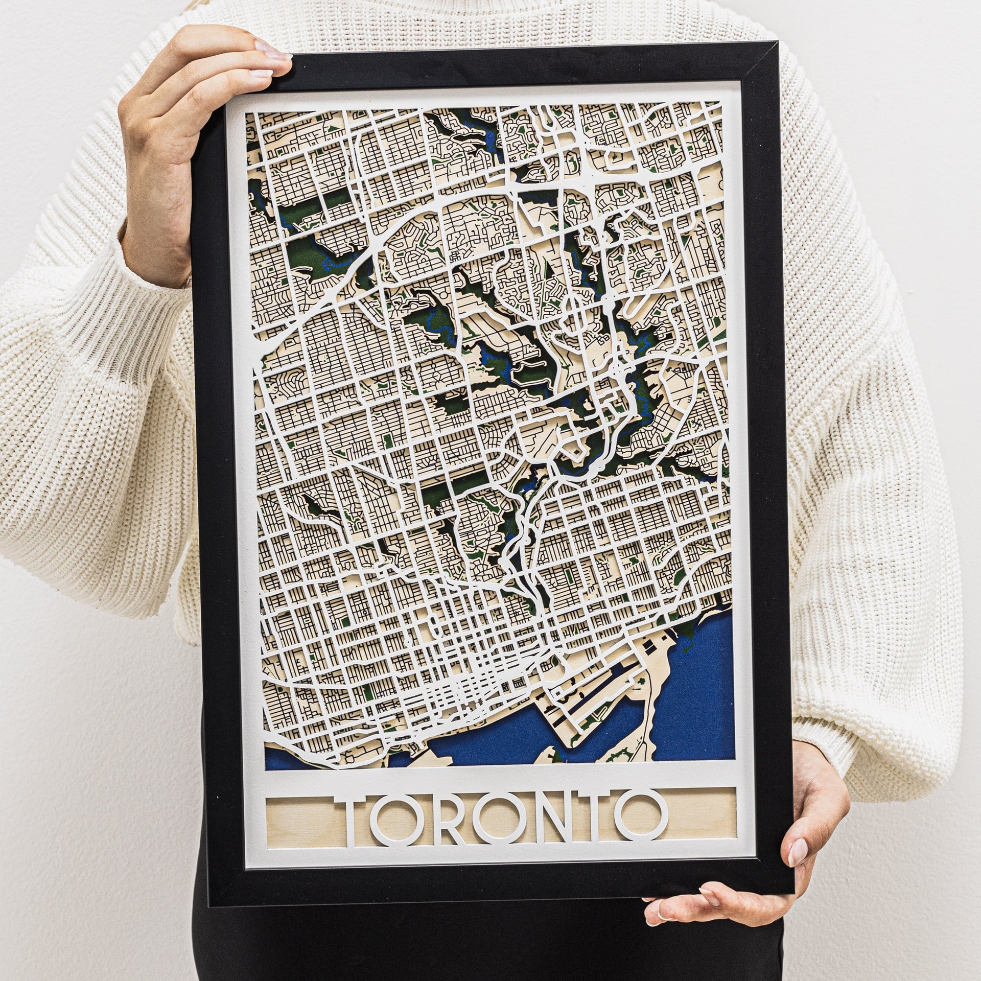 Close up of 3D City Map Toronto graphic printed on a comfortable crew neck top.