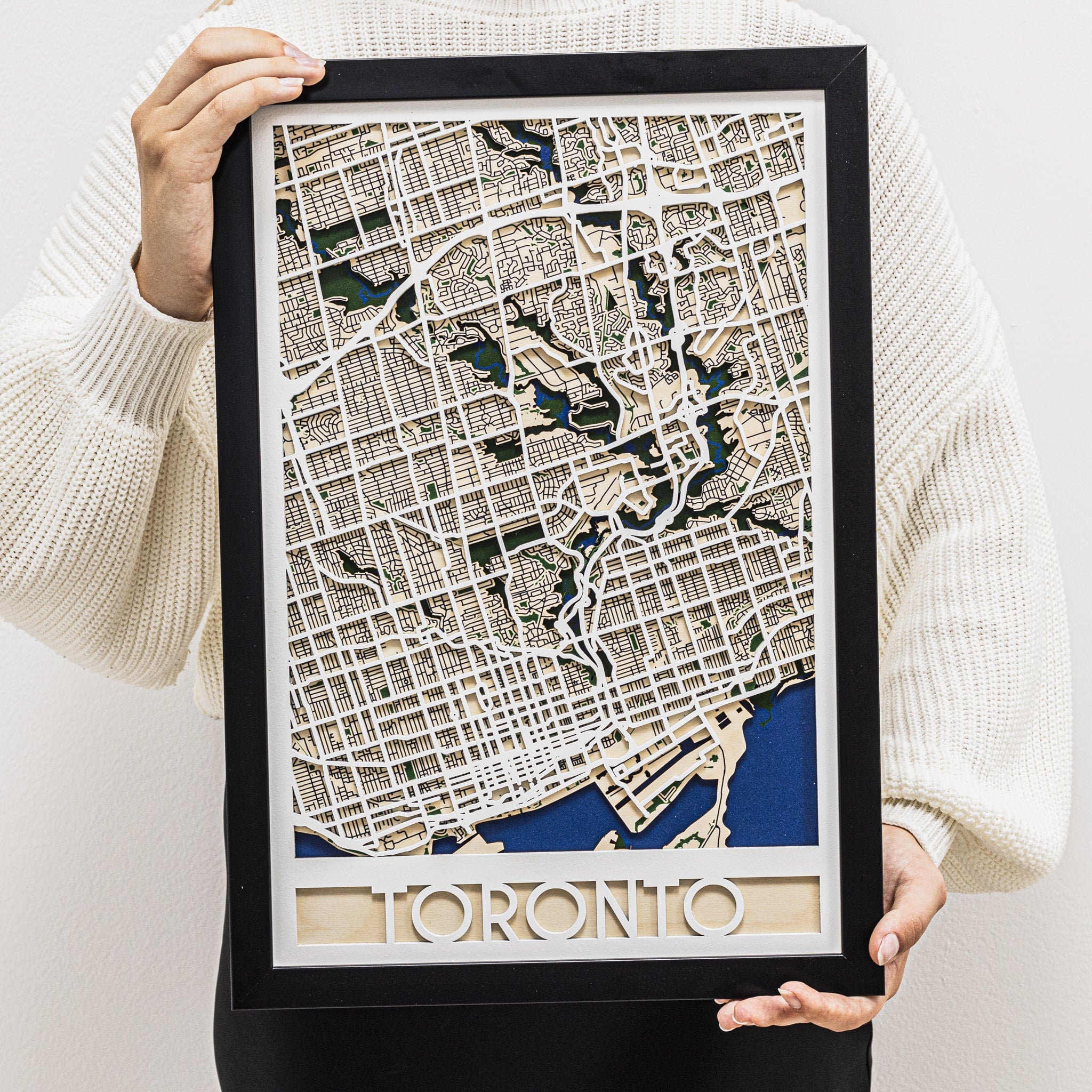 Close up of 3D City Map Toronto graphic printed on a comfortable crew neck top.