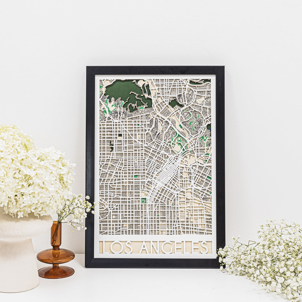 Close-up view of the 3D City Map Los Angeles wooden wall art showing intricate streets and coastline.