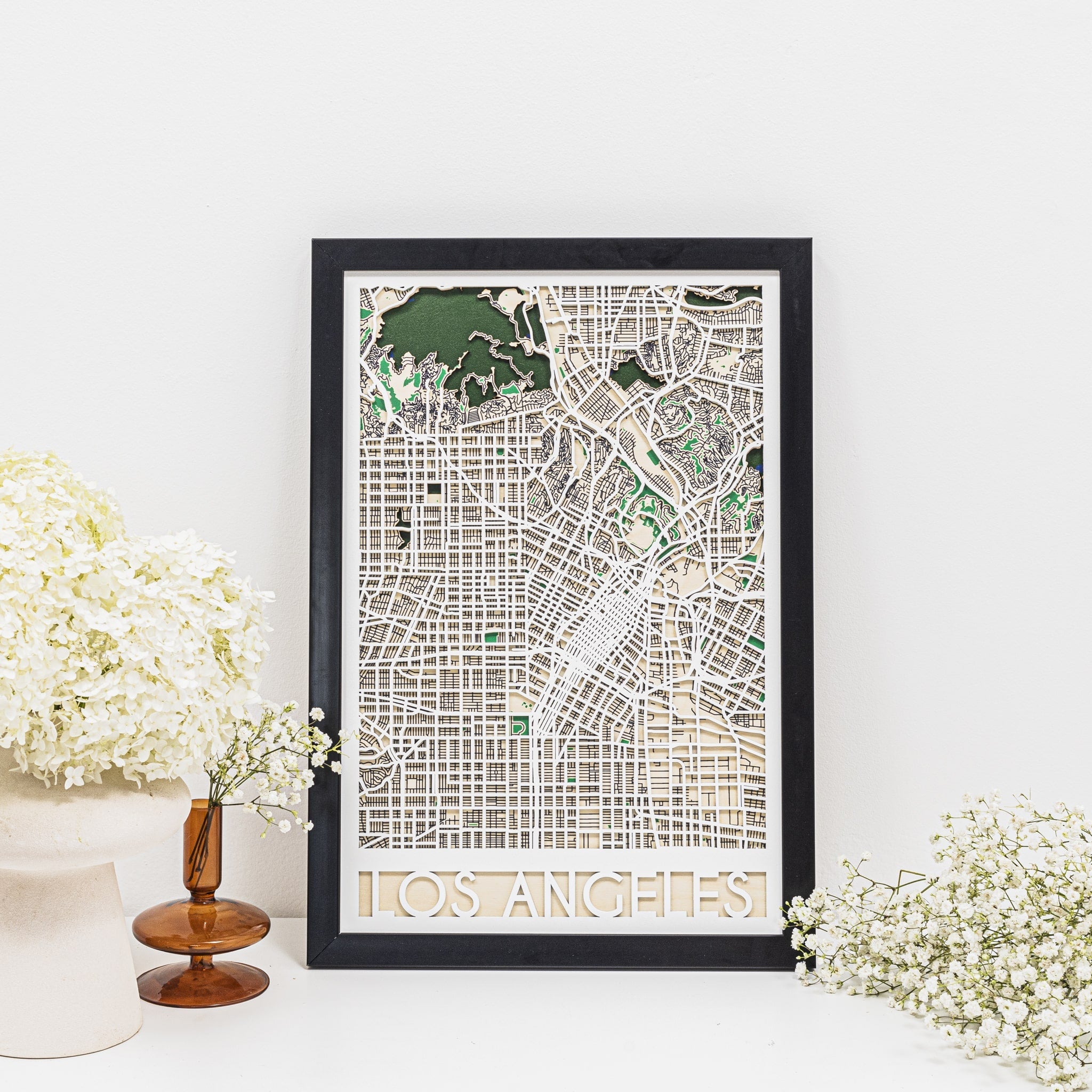 Close-up view of the 3D City Map Los Angeles wooden wall art showing intricate streets and coastline.