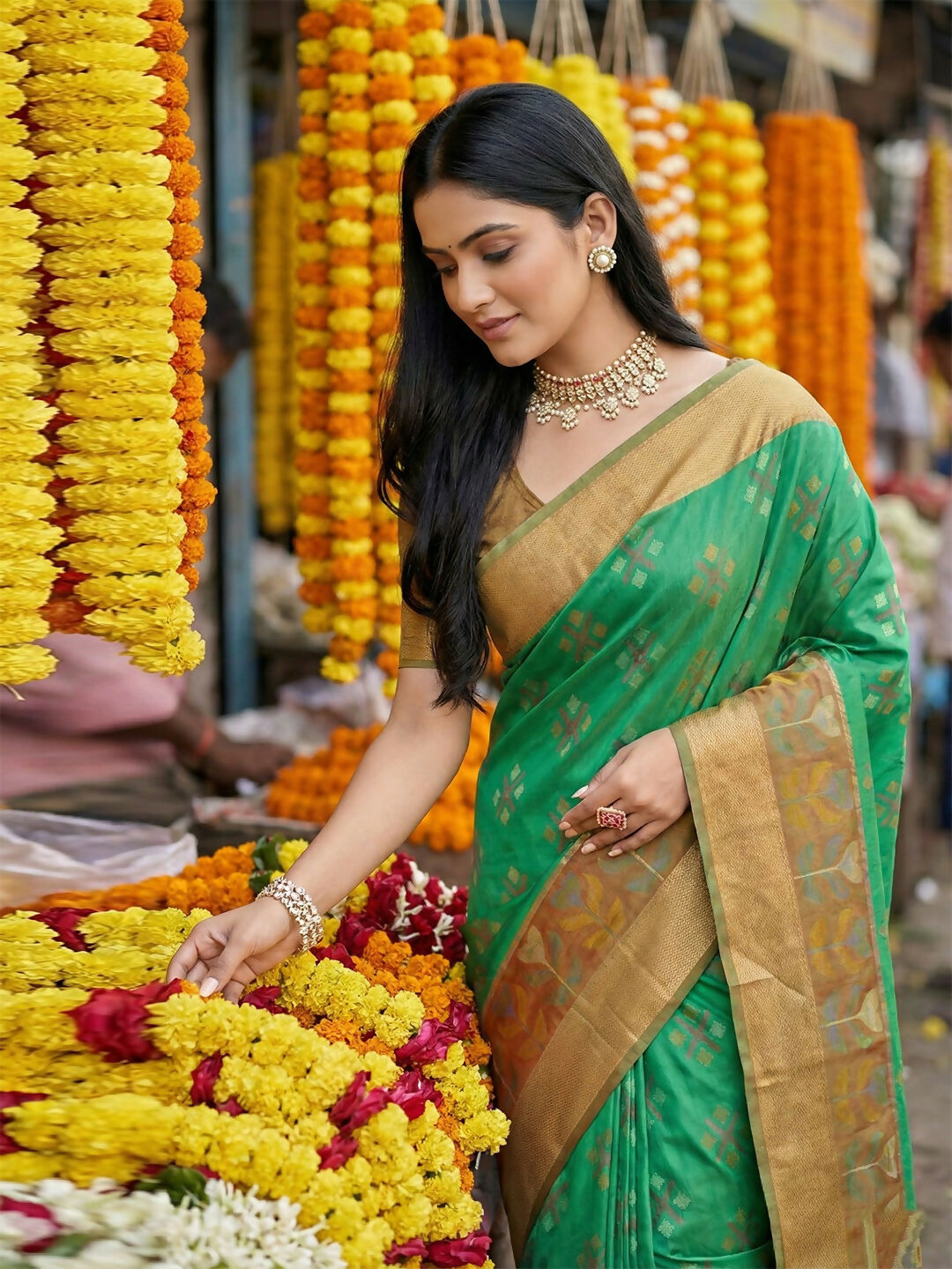 Green Pochampally Silk Saree with Matching Blouse Piece