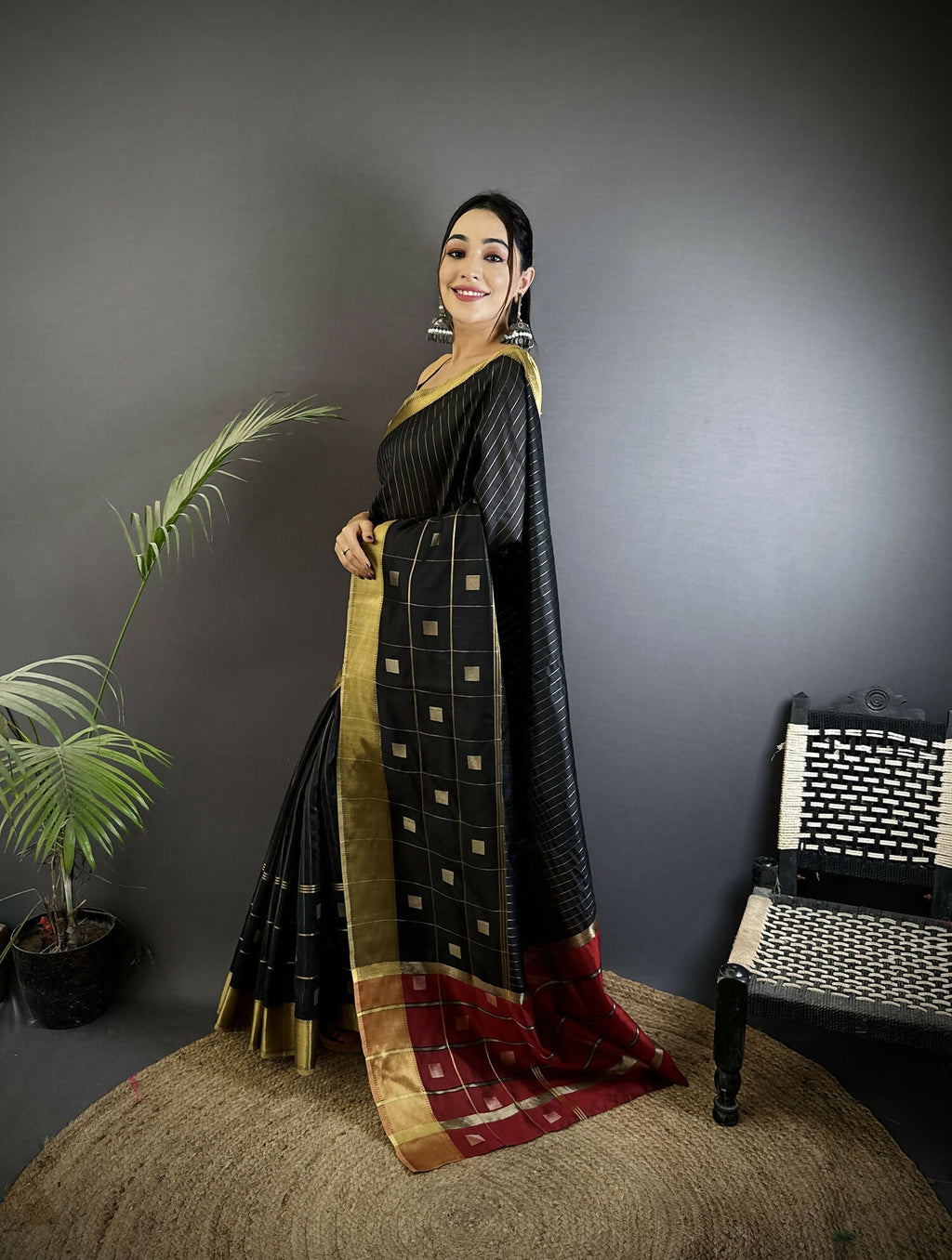Black Bhagalpuri Cotton Silk Saree with Geometric Box Stripes