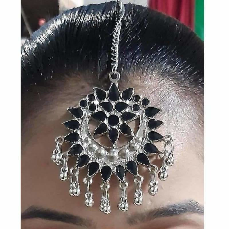 Black Kundan Maang Tikka with silver drops and traditional hair jewelry design
