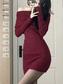 Women's Maroon Off-Shoulder Ribbed Knit Long Sleeve Mini Dress - Image 15