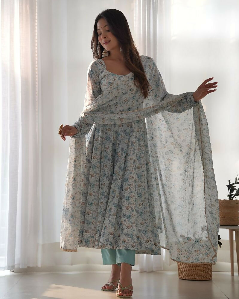 Sky Kurta Set in Organza with Sequin Embroidery and Cotton Bottom