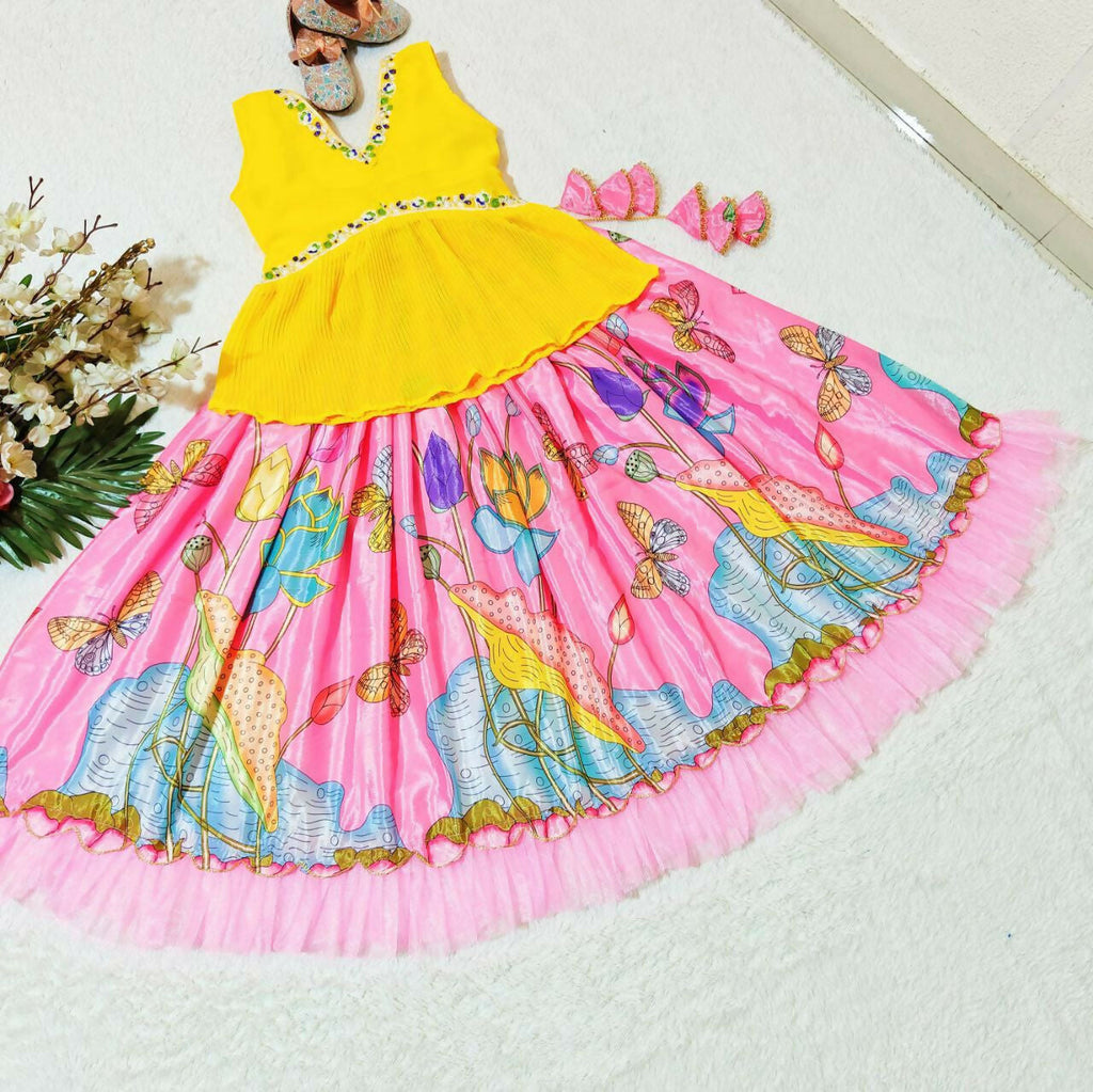 Girls Pink Chinon Silk Printed Embroidered Lehenga Choli Set