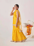 Girl's yellow cotton blend sharara set with art silk dupatta
