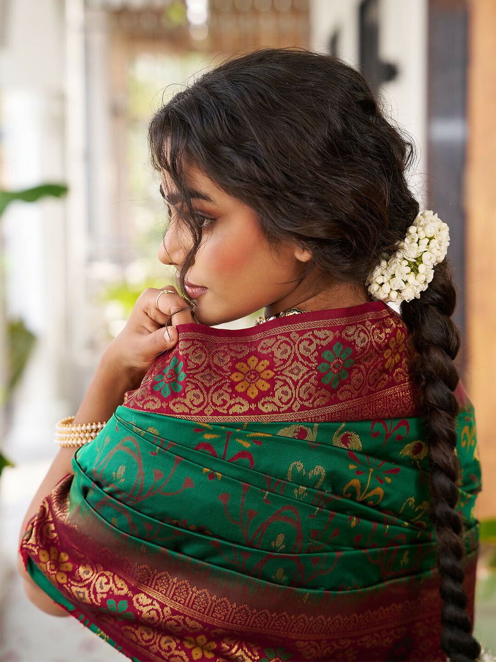 Green Soft Silk Saree with Contrast Maroon Blouse Piece