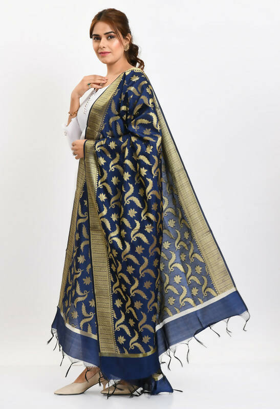 Navy Blue Banarasi Silk Dupatta with Floral Woven Design
