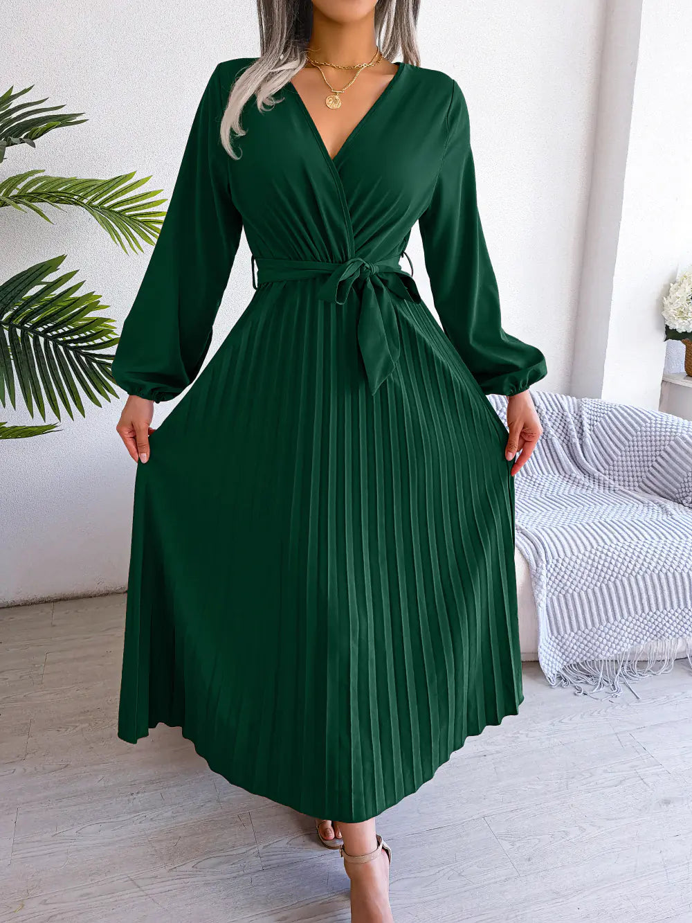 Women's V-Neck Long Sleeve Pleated Maxi Dress with Tie Waist - Image 7