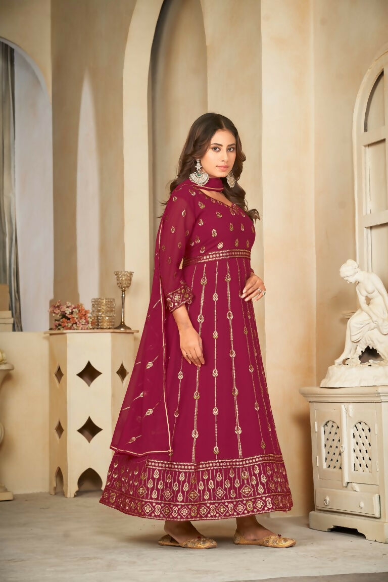 Rani Pink Georgette Embroidered Anarkali Kurta Pant Set