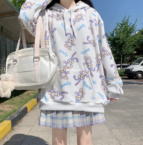 Women's Loose-Fit Cartoon Character Print Hooded Zip-Up Jacket - Image 6