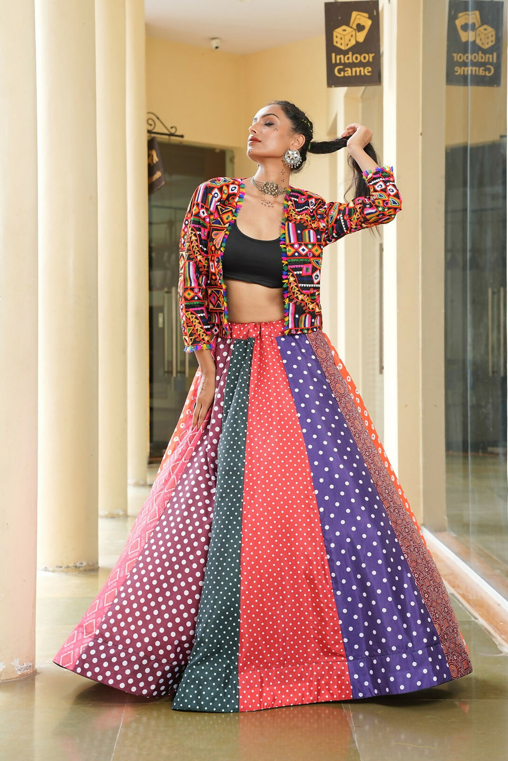 Multi Silk Crepe Lehenga Choli Set for Navratri Bohemian Fusion